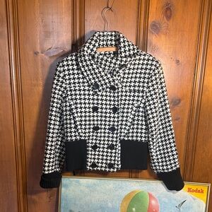 Black Rivet Houndstooth Wool Blend Coat with Black Accents